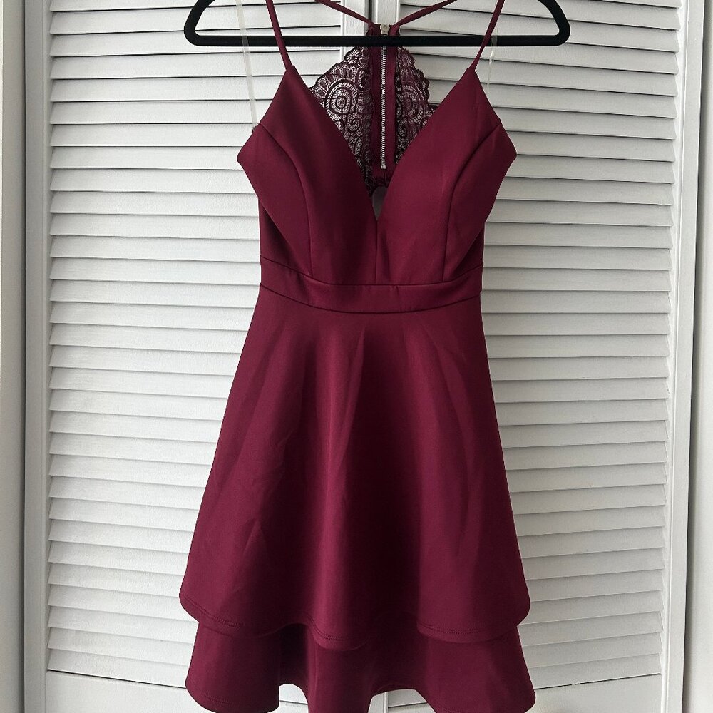 Honey and Rosie Lace Bra Back Double Hem Lace Fit & Flare Dress, Medium, Red